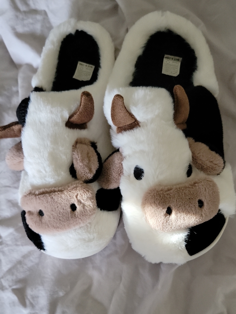 Plush Cow One-Piece Slippers - White & Black
